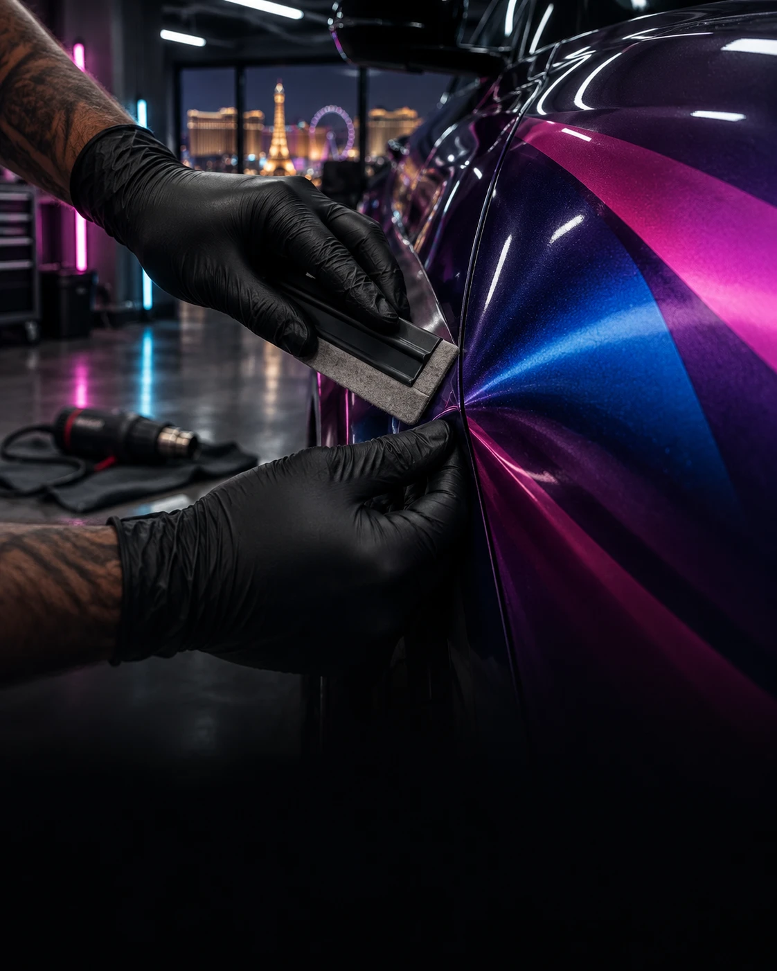 Installer squeegeeing printed wrap film onto a vehicle panel in our Las Vegas bay